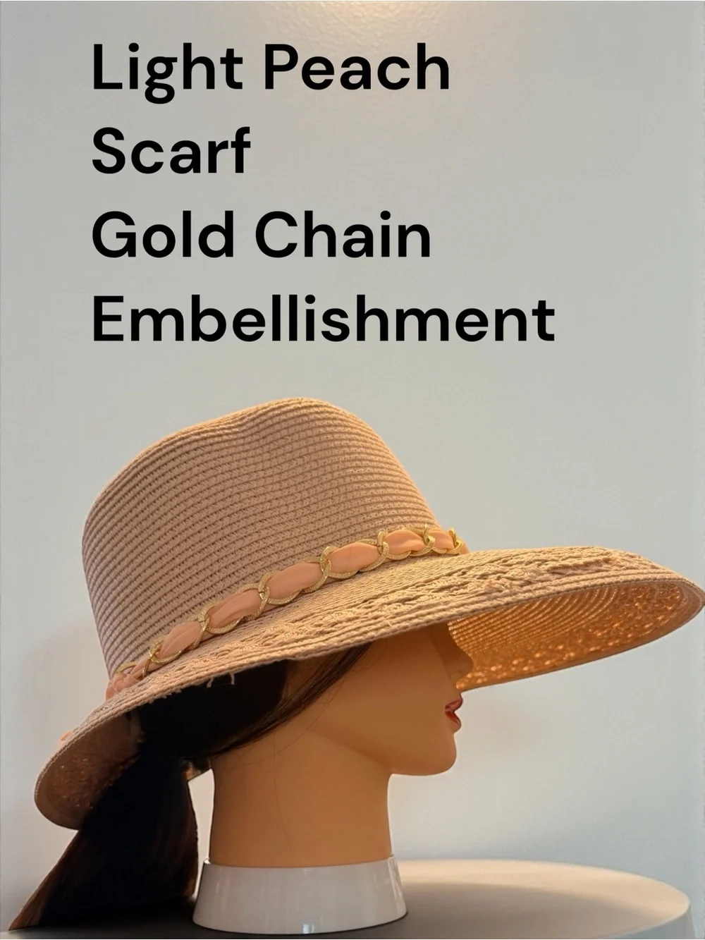 Boho Straw Sun Hat Peach Bow Gold Chain Wide Brim Beach Vacation Paper Hat